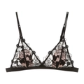 Detail of floral rose embroidery on a black lace triangle bralette with thin straps - S / Black