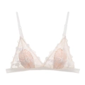 Close-up of white floral lace embroidery on thin triangle cup bra with adjustable straps - S / Nude