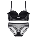 Conjunto de lencería negra sexy con sujetador de malla de lunares y bragas de encaje suave - 75B / Negro