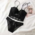 Elegante conjunto de lencería bustier de malla negra con lazos y braguita a juego - 70B / Negro