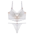 Elegant white lace lingerie set featuring a satin bustier with floral accents and a thong - S / Top And Bottom / With G-String / White