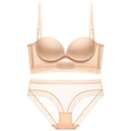 Conjunto de lencería push-up sin costuras color carne con malla de lunares y encaje - 70A / Juego / Color Piel