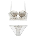 Lace embroidery white lingerie set with floral patterns and shell edge design on white base - 75B / Top And Bottom / White