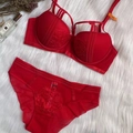Sexy red lace push-up bra and panty set with floral embroidery and mesh details - 70B / Red