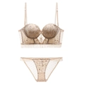 Champagne lace lingerie set with floral embroidery and polka dot mesh detailing - 70B / Top And Bottom / Nude