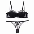 Elegant black lace lingerie set with embroidered 1/2 cup bra and matching thong panties - S / Black + Thong