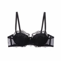 Detailansicht eines schwarzen Spitzen-BHs mit Doppelträgern und blauem Strass-Dekor - L / Schwarz