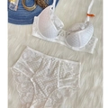White lace lingerie set with floral mesh details and matching high waisted briefs - 70B / Top And Bottom / White