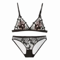 Ensemble lingerie française en dentelle noire sans armatures broderie rose - S / Noir
