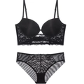 U-back backless black lace lingerie set with push-up bra and matching lace panty - Black Zirconia Set