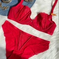 Dessous-Set aus roter Spitze mit Stickerei und passendem Slip für Damen in Größe 75B - 70C / Rot