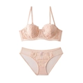 French style light pink lace bra and panties set with delicate butterfly embroidery - 70B / Pink