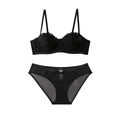Set lingerie in mesh nero stile francese con ricamo a farfalla raffinato - 70B / Nero