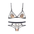 Black lace mesh lingerie set with floral embroidery and triangle cup bra for women - S / Blue