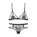 Elegant black mesh embroidery lace lingerie set with wireless triangle cup bra and panty - S / Black