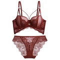 Completo intimo in pizzo bordeaux con reggiseno push-up e slip trasparente abbinato - Set rosso vino / 75D