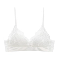 Detailed close-up of white floral lace triangle bralette with delicate bow and satin hem - S / White