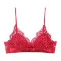 Detailed view of red lace bralette featuring floral embroidery and satin finish - S / Burgundy