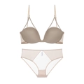 French seamless push-up bra set with U-shaped open back and sheer mesh panties in khaki - 70A / Nude