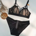 Black lace lingerie set with halter straps and sheer mesh detailing for a sexy French look - 70B / Black