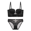 French style black lace lingerie set with backless U-shape bra and matching panties - 70B / Black