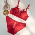 Sexy red lace lingerie set with strappy details and matching mesh panties for women - 70B / Red