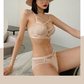 Nude lace lingerie set featuring criss-cross strap details and mesh paneling - 70B / Nude