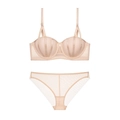 Nude lace lingerie set with push-up bra and matching panties in breathable mesh fabric - 75C / Nude