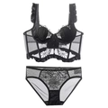 Französisches Korsett-Lingerie-Set mit schwarzer Blumenstickerei und Rüschenträgern - S / Schwarz