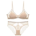 Completo intimo in pizzo champagne con bralette e slip coordinati in pizzo - S / Nudo