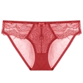 Détail d'une culotte en dentelle rouge pour femme avec nœud en soie et broderies - Rouge