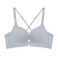 Light blue front-closure wireless bra with seamless cups and elegant lace side wings - 70B / Single Bra / Gray Blue