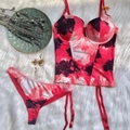 Lingerieset met bloemenprint, roze korset met jarretels en bijpassende string - 70B / Rood Abstract Bloemen (Rood) / Rood