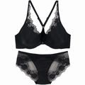 Elegantes schwarzes Spitzen-Dessous-Set mit Vorderverschluss-BH und Blumenslip - 70A / Schwarz