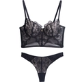 Ensemble bustier et string en dentelle florale noire sexy avec maille et métal - 70B / Noir