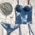Slankmakende donkerblauwe lingerie set met marmerprint, korset beha en string 75B - 70B / Blauwe Gradiënt Print (Grijsblauw) / Grijsblauw