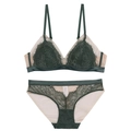 French style dark green eyelash lace and mesh lingerie set with non-wired triangle cup - Dark Green