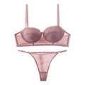 French rose mesh lingerie set with half-cup push-up bra and matching thong - Pink