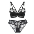 Sexy schwarzes Spitzen-Dessous-Set im französischen Stil mit Wimpernspitze und Satin - 70B / Schwarz