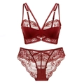 Französisches sexy ultradünnes weinrotes Spitzen-Lingerie-Set mit floraler Stickerei - 70B / Burgunderrot