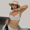 Elegant white lace floral bra with underwire support and sheer mesh detail for women - White
