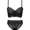 Elegantes Set aus schwarzem Langline-BH mit floraler Spitze und transparentem Netzstoff - 70B / Schwarz