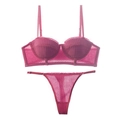 Conjunto de lencería de encaje rojo oscuro con sujetador push-up de media copa y tanga - S / Rosa Roja