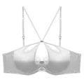 Grauer Satin-BH mit Spitzenbesatz, Cut-out-Mitte und dekorativen Kreuzträgern - S / Grau