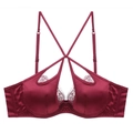Eleganter weinroter Satin-BH mit Wimpernspitze und überkreuzten Riemchendetails - S / Rot