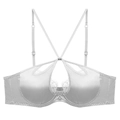 Eleganter silberner Satin-BH mit Spitze, Ausschnitt vorne und überkreuzten Trägern - S / Grau
