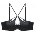 Französischer schwarzer Satin-BH mit Wimpernspitze und überkreuzten Riemchendetails - S / Schwarz