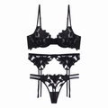 Ensemble lingerie trois pièces en dentelle noire avec broderie florale et mesh - S / Noir