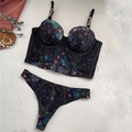 Detail of floral lace corset with gold chain straps and matching printed panty set - 70B / Top And Bottom / Black