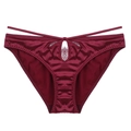 Burgundy satin panties with eyelash lace details and double waistband hollow design - S / Red